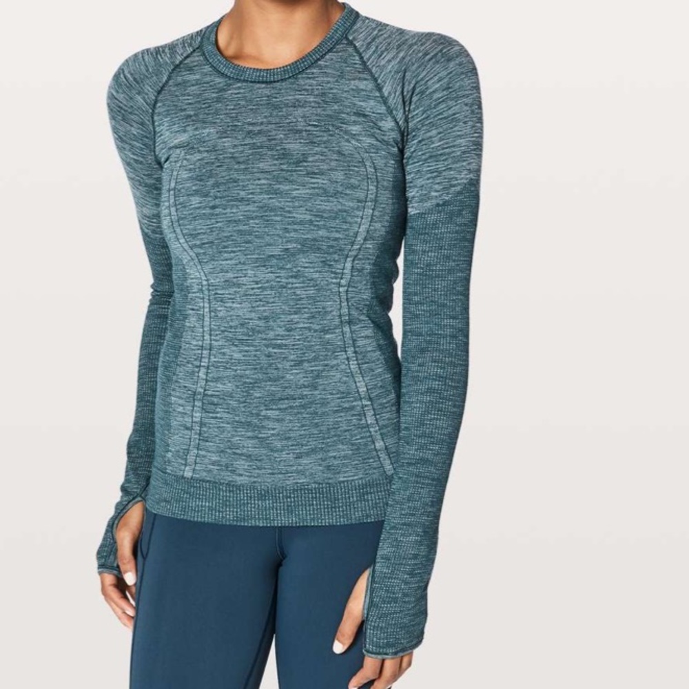 Lululemon Women's swiftly long sleeved ribbed crewneck pullover teal top shirt 8